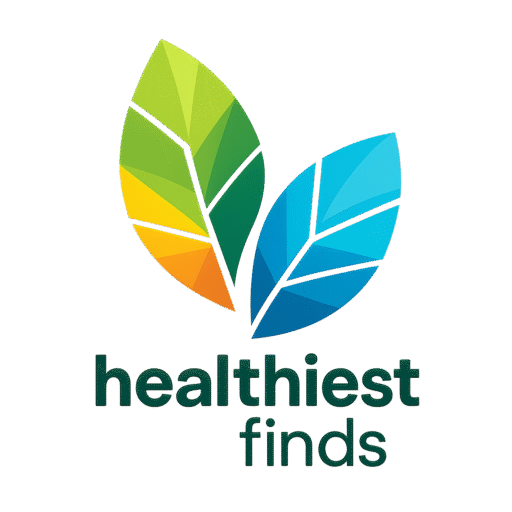 Healthiest Finds logo of two leaves.